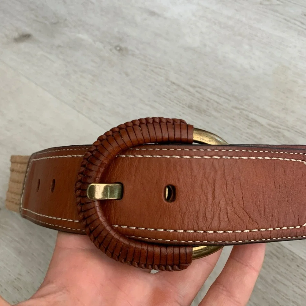 Fossil Womens Woven Stretch Belt Brown Leather Buckle Tan Straw BT3476200 Small